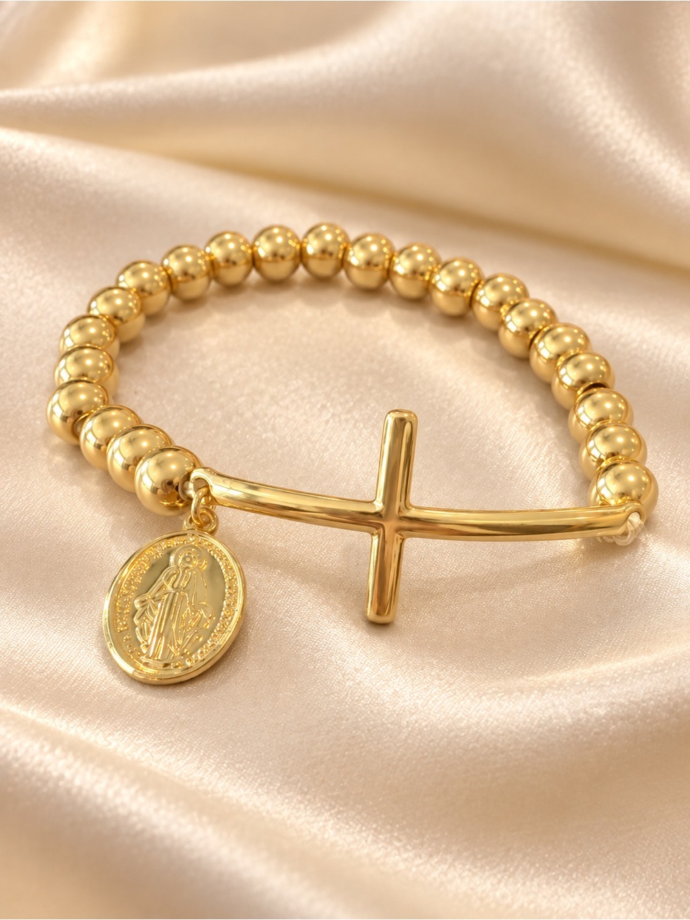 Beaded Cross Stretch Bracelet with Medal Charm